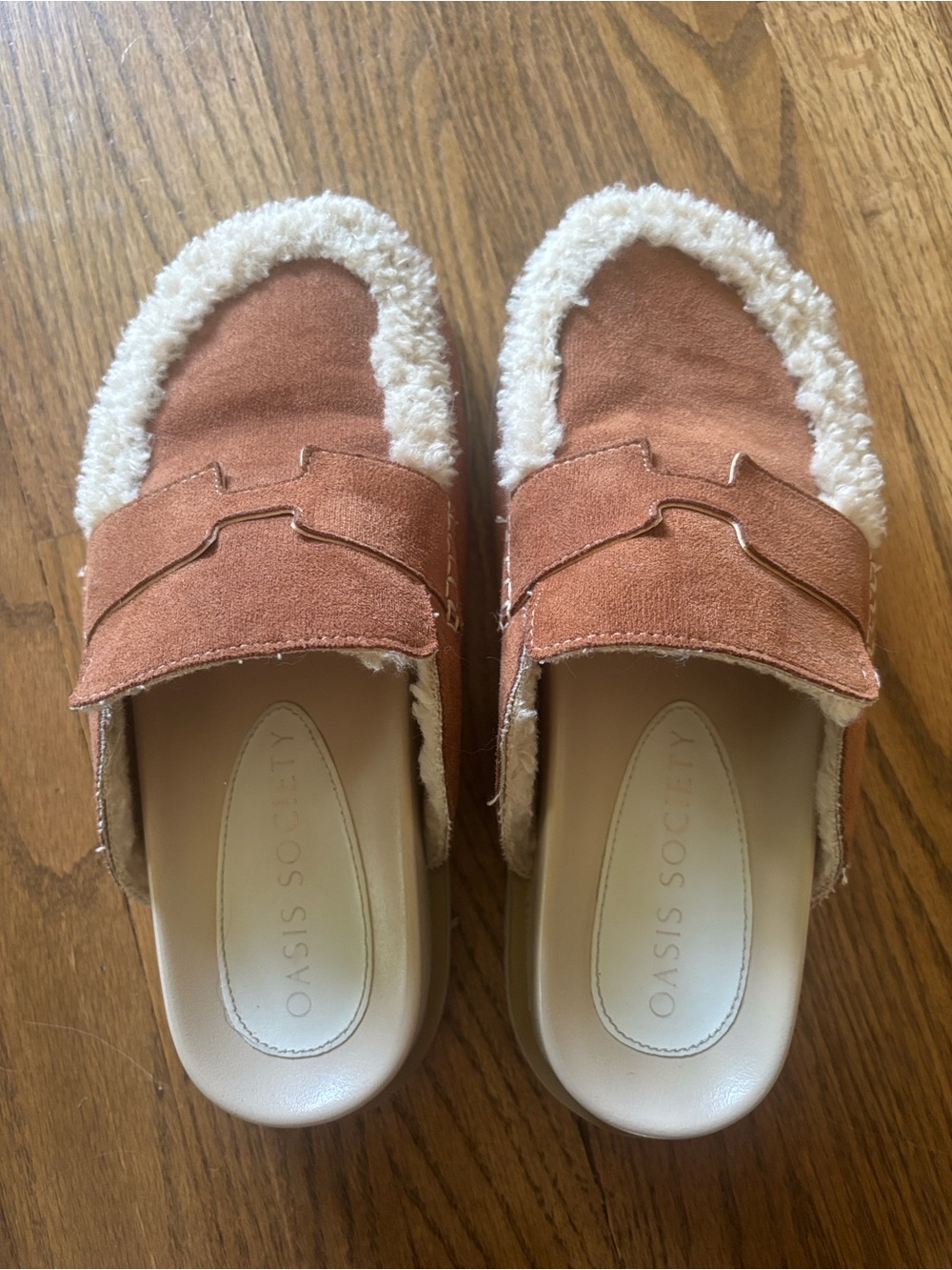 Oasis Society Tan Suede Faux-Shearling Clog Mules